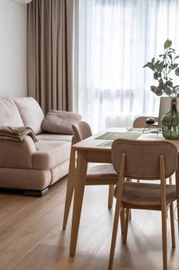 Rahat oturma odası tasarımı. Doğal bej renkleri var. Minimalist sürdürülebilir Akdeniz tarzı. Modern ev dekorasyonu, yaşam tarzı.