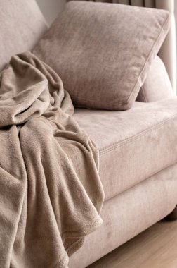 Yumuşak kadife bej kanepe, yastık ve buruşuk battaniye, doğal gün ışığı, ev festivali ve rahatlama için rahat ve minimal yaşam tarzı ev iç dekorasyonu için..