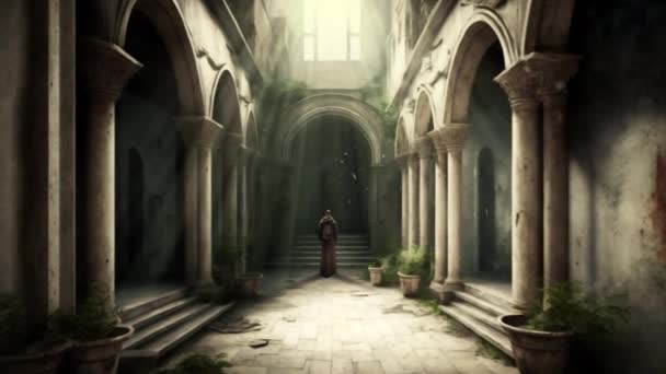 Františkánský Mnich Modlí Středověkém Křesťanském Klášteře — Stock video