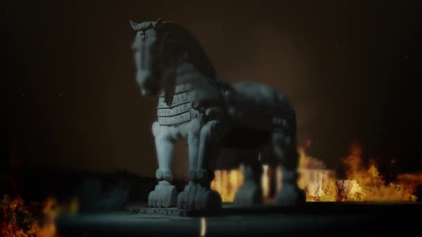 Řecký Trojský Kůň Uvnitř Hořícího Troye — Stock video