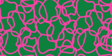 Soyut kolaj şekli, pembe geometrik karalamalarla kusursuz yeşil desen. Moda düz çizgi film arka planı, parlak çocuksu renklerde retro şekiller.