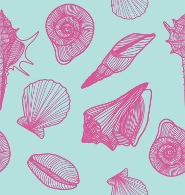 Deniz kabukları vektörsüz desen pembe ve mavi renkler.