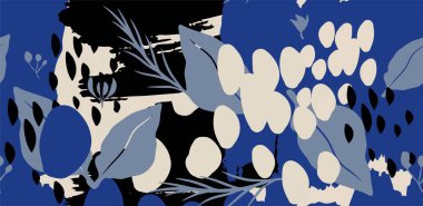 Kuşlar ve limonla botanik el çizimi. Soyut moda baskısı. Tasarımınız için modaya uygun vektör şablonu.