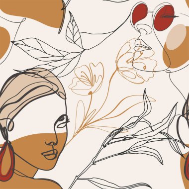 Kadınsı kadınlar ve çiçek çizgileri kusursuz desenli sanat taşıyıcısı.