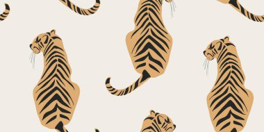 Kaplanlar kusursuz desen. Yaratıcı kolaj kalıbı. Tasarım için modaya uygun şablon.