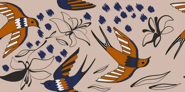Ručně Kreslené Smíšené Styl Ornament Bezešvé Vzor Ptáky Abstraktní Módní — Stockový vektor