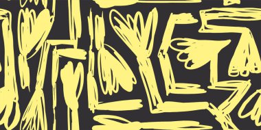 Soyut kolaj sanatı kusursuz desenli siyah ve sarı çiçekli. Organik düz çizgi film arkaplanı, tek renkli basit rastgele şekiller.