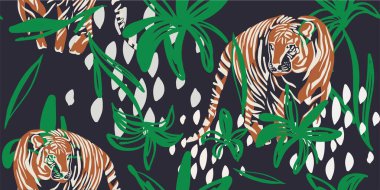 Tropik çiçek arka plan vektörlü kaplanlar pürüzsüz desen