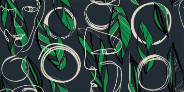 Farklı yüzlere ve çiçek yapraklarına sahip kadınların kusursuz desenli çizimleri..