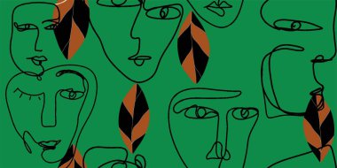 Farklı yüzlere ve çiçeklere sahip kadınların kusursuz desenli çizimleri..