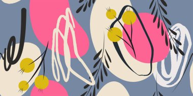 Çiçekli ve sanatsal geçmişi olan soyut, kusursuz, yaratıcı bir model. Kağıt, kapak, kumaş, iç dekorasyon ve diğer kullanıcılar için modern tasarım.