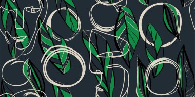 Farklı yüzlere ve çiçek yapraklarına sahip kadınların kusursuz desenli çizimleri..