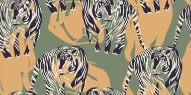 Kaplanlar ve soyut şekiller kusursuz desenler. Yaratıcı kolaj kalıbı. Tasarım için modaya uygun şablon