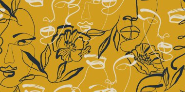 Farklı yüzlere ve çiçeklere sahip kadınların kusursuz çizimleri..