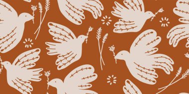 Kuşlarla el çizimi, kusursuz desen. Soyut trend tek renkli baskı.