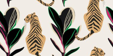 Kaplanlar kusursuz desen. Yaratıcı kolaj kalıbı. Tasarım için modaya uygun şablon.