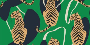 Kaplanlar kusursuz desen. Yaratıcı kolaj kalıbı. Tasarım için modaya uygun şablon.