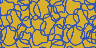 Beyaz geometrik karalamalarla soyut kolaj şekilsiz desen. Moda düz çizgi film arka planı, parlak çocuksu renklerde retro şekiller.