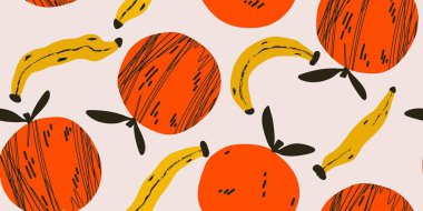 Tropik meyve desenli tasarım. Turuncu ve muz