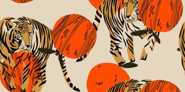 Tigers ve Orange Circle Illustration. El çizimi eşsiz baskı.