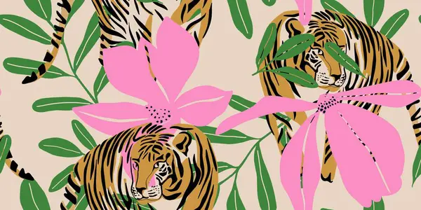 Tropikal Orman Ayarlarında Kaplanlar ve Pembe Çiçekler