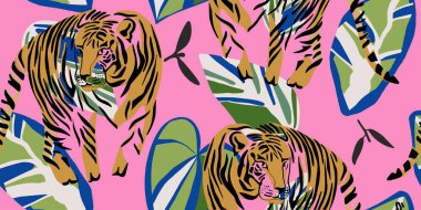 Kumaş Yazdırma için Kaplan ve Tropikal Yaprak Çizimi