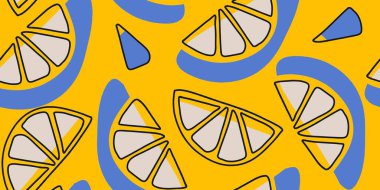 Sarı arka planda limon dilimleri, kusursuz desen.