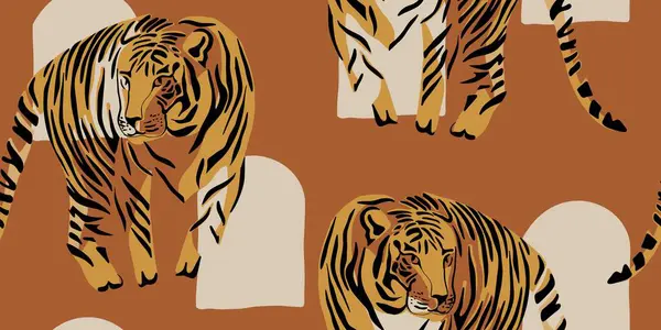 Tiger Illustration with Retro Style Elements Deseni
