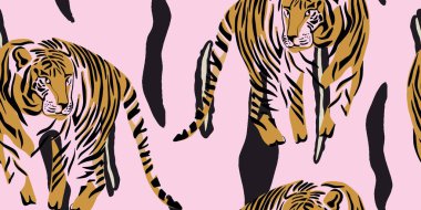 Vahşi Kediler desenli Kaplan Ormanı Pembe Duvar Kağıdı