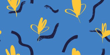 Mavi arka planda soyut çiçek kompozisyonu. Kusursuz desen