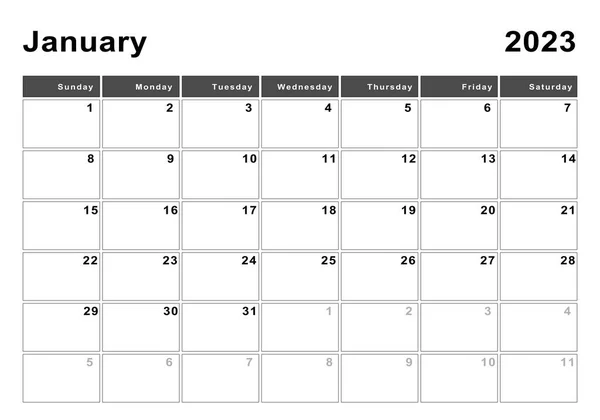 Ιανουάριος 2023 Ημερολόγιο Εβδομάδα Έναρξη Κυριακή Μοντέρνο Σχεδιασμό — Φωτογραφία Αρχείου