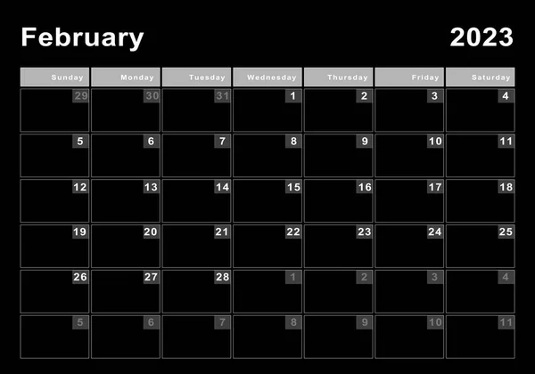 Luty 2023 Kalendarz Początek Tygodnia Niedziela Nowoczesny Design — Zdjęcie stockowe