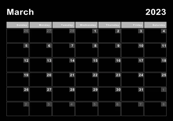 Marzec 2023 Kalendarz Początek Tygodnia Niedziela Nowoczesny Design — Zdjęcie stockowe