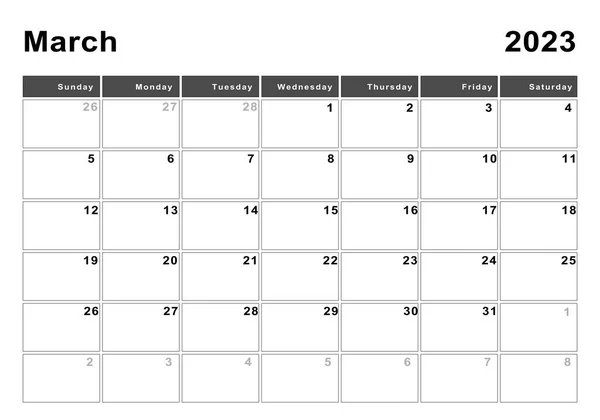 Marzec 2023 Kalendarz Początek Tygodnia Niedziela Nowoczesny Design — Zdjęcie stockowe