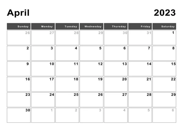 Kwiecień 2023 Kalendarz Początek Tygodnia Niedziela Nowoczesny Design — Zdjęcie stockowe