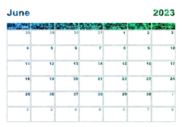 Czerwiec 2023 Kalendarz Początek Tygodnia Niedziela Nowoczesny Design — Zdjęcie stockowe