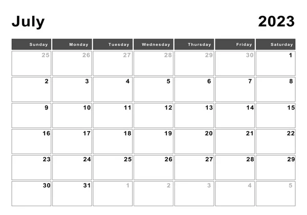 Lipiec 2023 Kalendarz Początek Tygodnia Niedziela Nowoczesny Design — Zdjęcie stockowe