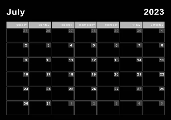 Июль 2023 Календарь Неделя Начала Воскресенье Современный Дизайн — стоковое фото