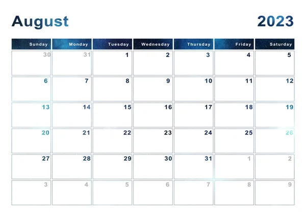 Αύγουστος 2023 Ημερολόγιο Εβδομάδα Έναρξη Κυριακή Μοντέρνο Σχεδιασμό — Φωτογραφία Αρχείου