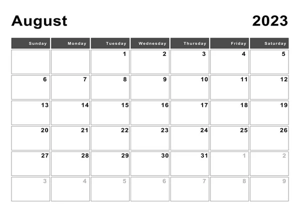 Календарь Август 2023 Года Воскресенье Начало Недели Современный Дизайн — стоковое фото