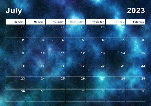 Lipiec 2023 Kalendarz Początek Tygodnia Niedziela Nowoczesny Design — Zdjęcie stockowe