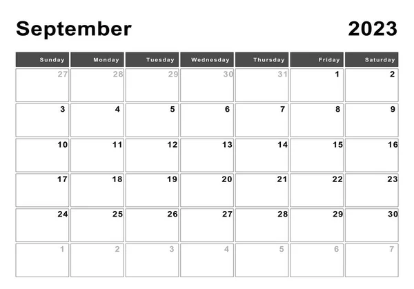 Сентябрь 2023 Календарь Неделя Начала Воскресенье Современный Дизайн — стоковое фото