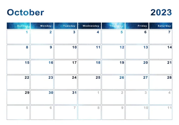 Октябрь 2023 Календарь Неделя Начала Воскресенье Современный Дизайн — стоковое фото