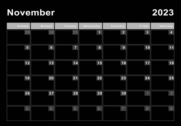 Ноябрь 2023 Календарь Неделя Начала Воскресенье Современный Дизайн — стоковое фото