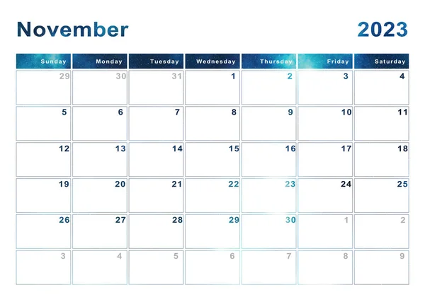 Listopad 2023 Kalendář Začátek Týdne Neděle Moderní Design — Stock fotografie