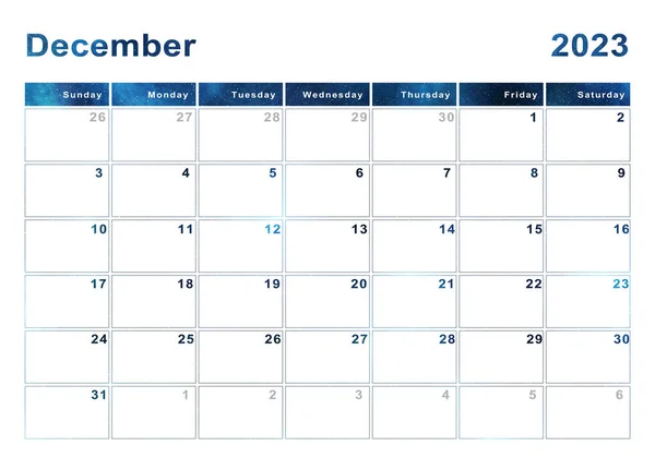 Декабрь 2023 Календарь Неделя Начала Воскресенье Современный Дизайн — стоковое фото
