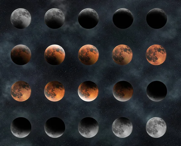 Φάσεις Σεληνιακής Έκλειψης Ματωμένο Φεγγάρι Σύνθετη Σεληνιακή Έκλειψη — Φωτογραφία Αρχείου