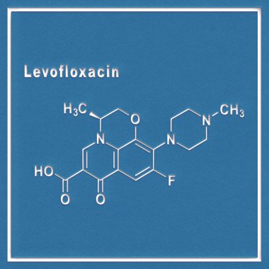 Levofloxacin antibiyotik ilaç, beyaz bir grup üzerinde yapısal kimyasal formül.