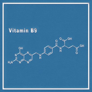 B9 vitamini, folik asit, beyaz bir grup üzerinde yapısal kimyasal formül.