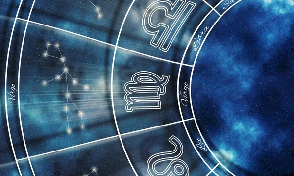 Szűz Zodiákus Jel Éjszakai Égbolt Háttér Horoszkóp Szimbólum — Stock Fotó